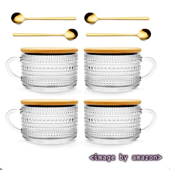 Today's Present 4pcs Vintage Glass Mugs With Bamboo Lids and Spoons - Picture 1 of 7
